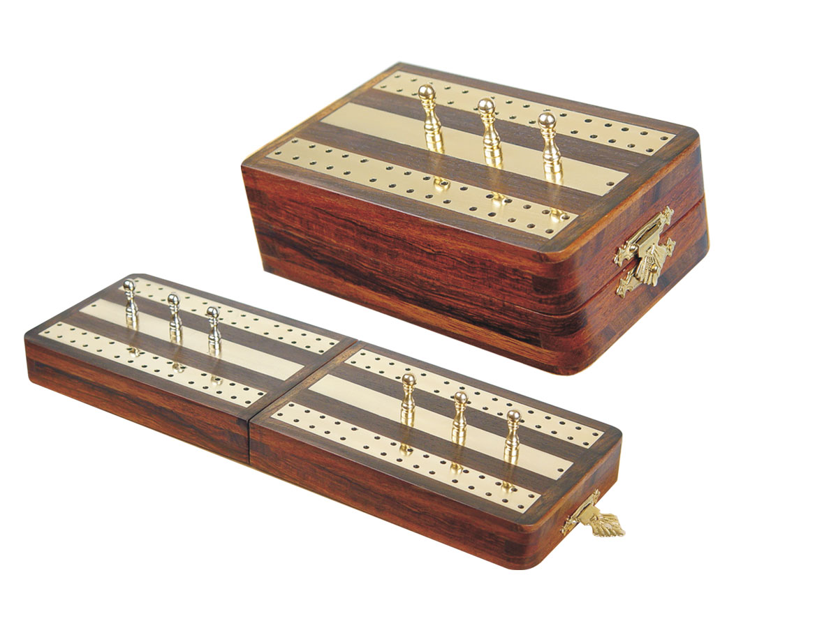 Regalia Folding Cribbage Board & Box in Rosewood / Brass 10" - 2 Tracks