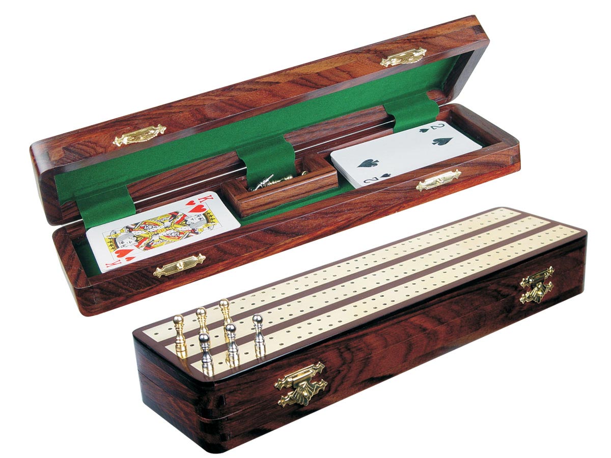 Regalia Cribbage Board & Box in Rosewood / Brass 12" - 3 Tracks