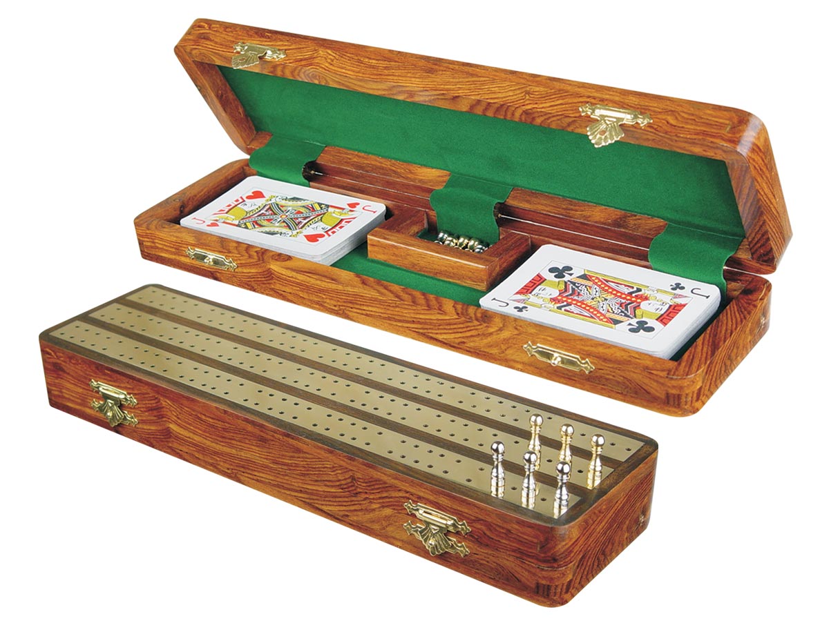 Regalia Cribbage Board & Box in Golden Rosewood / Brass 12" - 3 Tracks