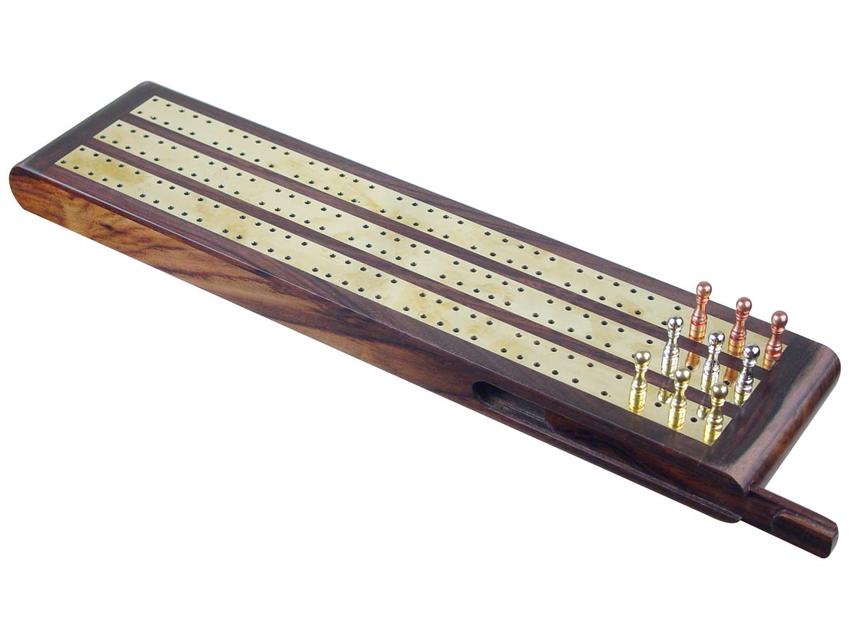 Regalia Flat Cribbage Board in Rosewood / Brass 13" - 3 Tracks