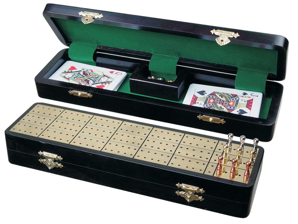 Royal Cribbage Board & Box in Ebony / Brass 12" - 3 Tracks