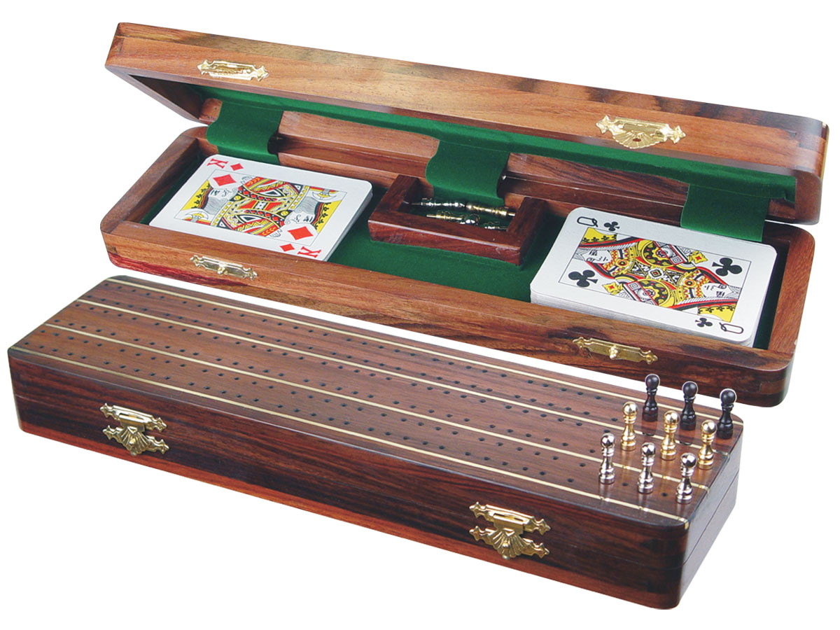 Supreme Cribbage Board & Box in Rosewood / Brass 12" - 3 Tracks