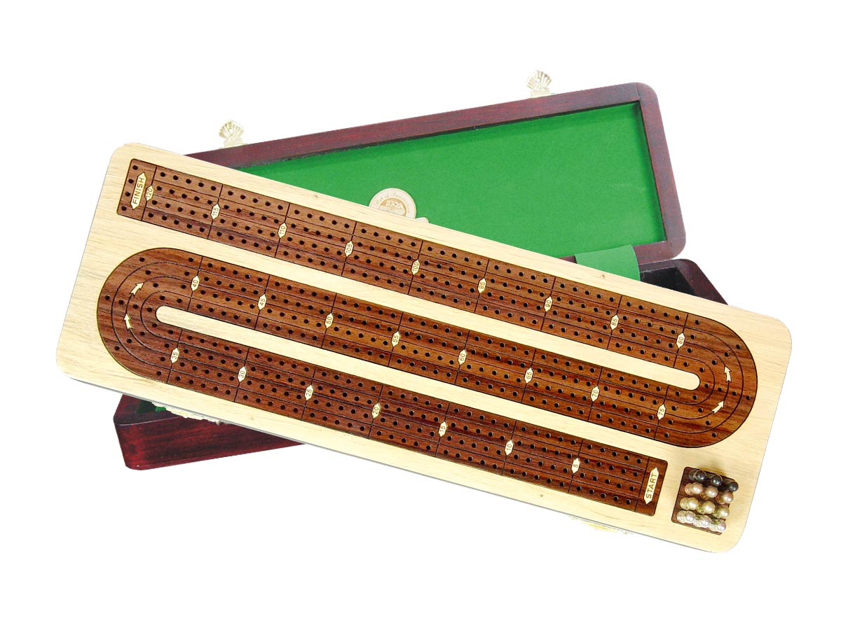 Continuous Cribbage Board / Box Inlaid in White Maple / Rosewood 14" - 4 Tracks