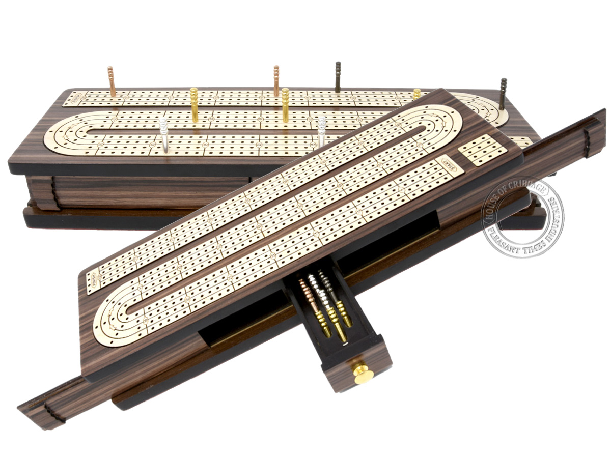 Continuous Cribbage Board Inlaid 4 Tracks Rosewood/Maple with Sliding Lids and Drawer