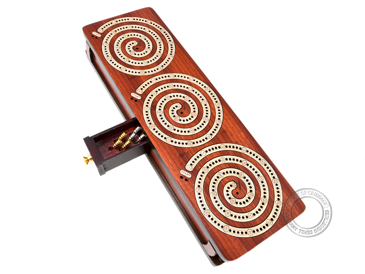 Spiral Design Continuous Cribbage Board / Box inlaid in Bloodwood / Maple Wood - 3 Track - Separate Storage Space for Two Deck of Cards & Pegs