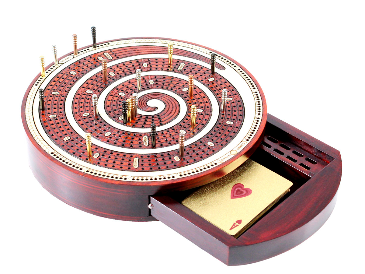 Cribbage Board Spiral Design Round Shape 4 Tracks Maple/Bloodwood with place for Skunks, Corners & Won Games