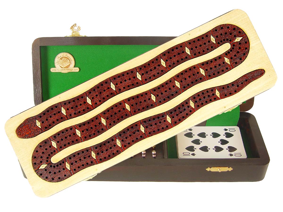 Snake Shape Continuous Cribbage Board inlaid with Maple / Bloodwood - 3 Tracks :: 12"