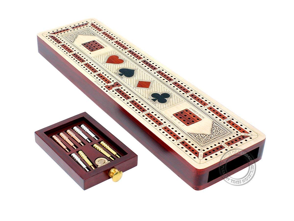 3 Track Continuous Cribbage Board inlaid in Maple and Bloodwood - Inlaid Card Symbols (Suits) + Storage Drawer for Cribbage Pegs