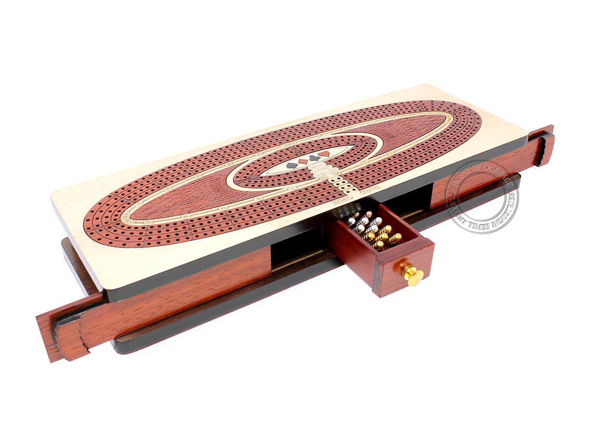 Continuous Cribbage Board Oval Shape 4 Tracks - Sliding Lid and Drawer with Skunks, Corners and Score Marking Fields - Maple / Bloodwood