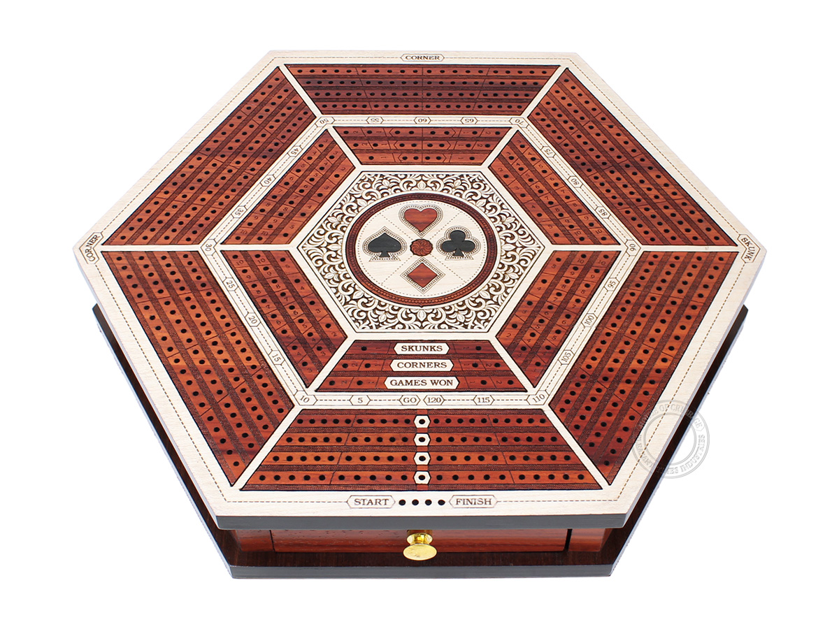 Hexagonal Cribbage Board Continuous 4 Tracks with Drawer Storage and Skunks, Corners and Score Marking Fields - White Maple / Blood Wood