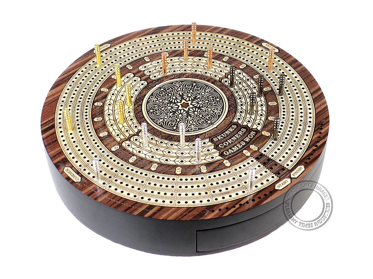Round Shape 4 Tracks Continuous Cribbage Board Rosewood / Maple with Push Drawer & place for Skunks, Corners & Won Games