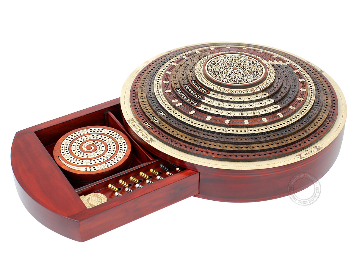 3D Round Shape 4 Stepped Tracks Continuous Cribbage Board in Bloodwood / Maple / Teak / Rosewood with Skunks & Corners