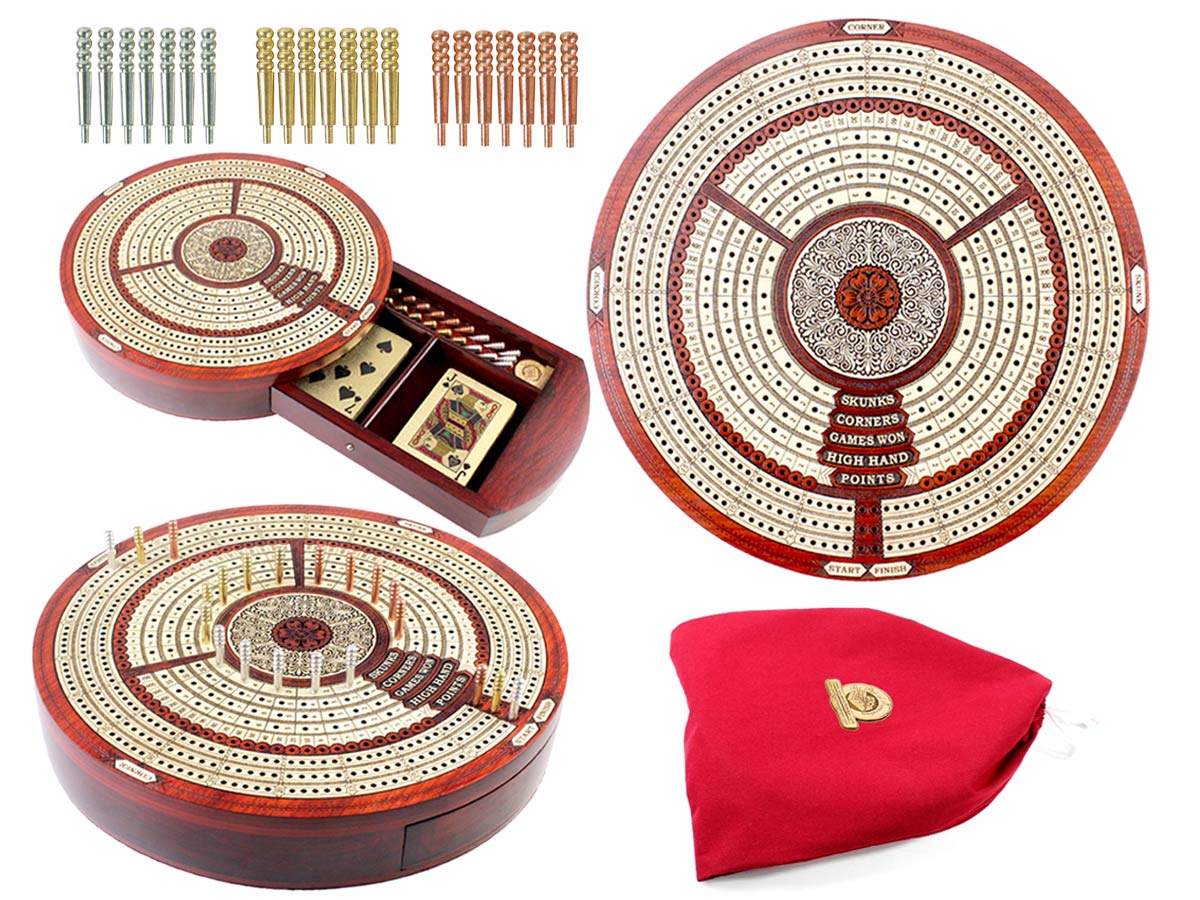 10" Round Shape 3 Tracks Continuous Cribbage Board and box in Bloodwood / Maple with Score marking fields for Skunks, Corners, Won Games, High Hand and Points