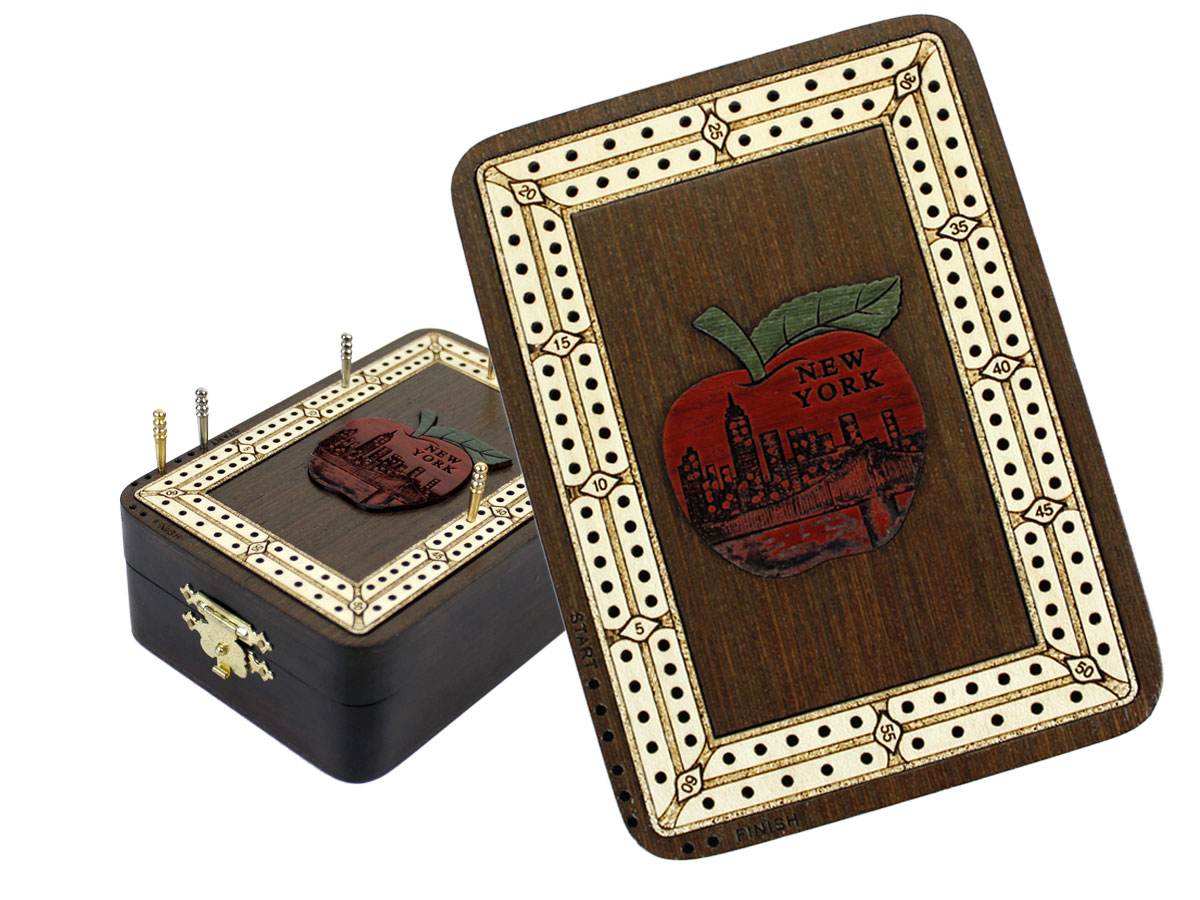 Apple New York Wood Carved Inlaid Folding Cribbage Board / Box Wenge Wood / Maple - 2 Tracks