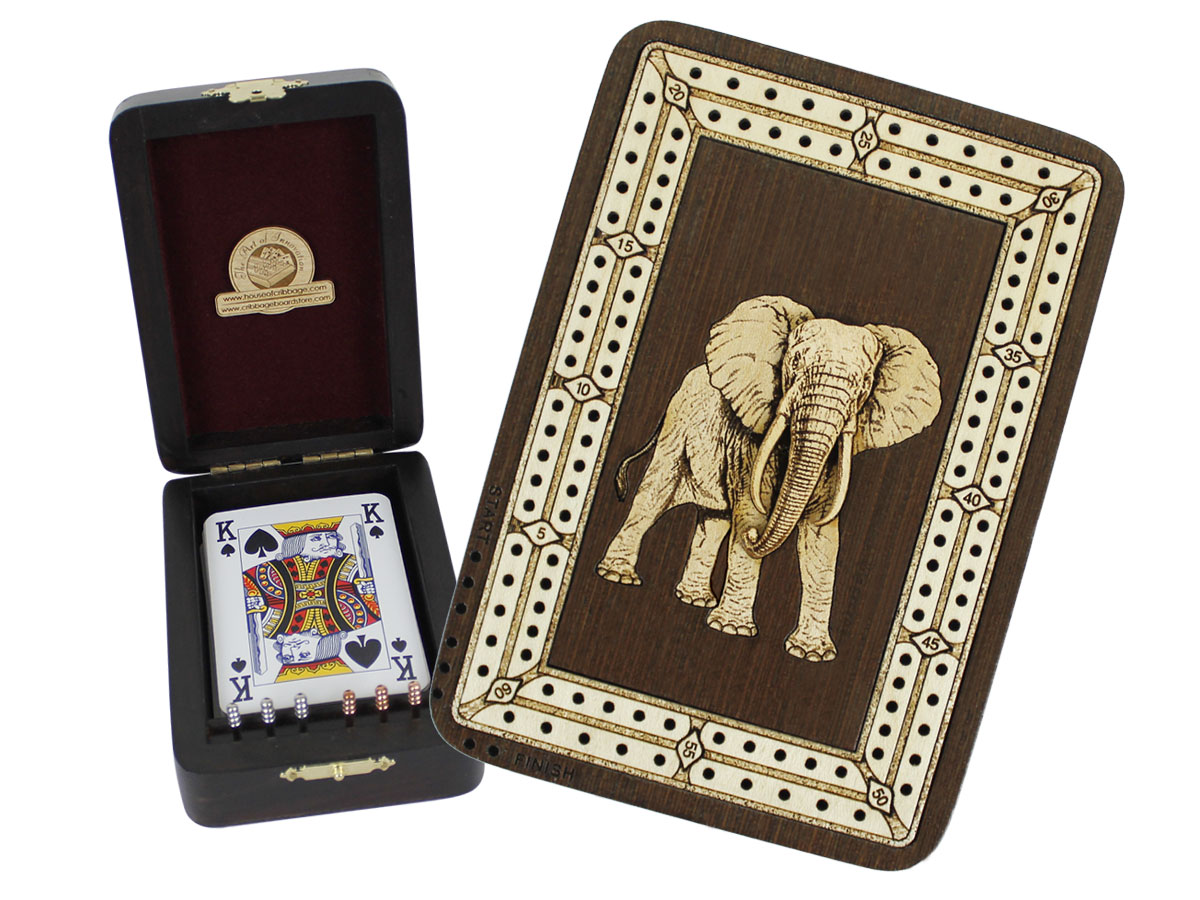 Elephant Wood Carved Inlaid Folding Cribbage Board / Box Wenge Wood / Maple - 2 Tracks