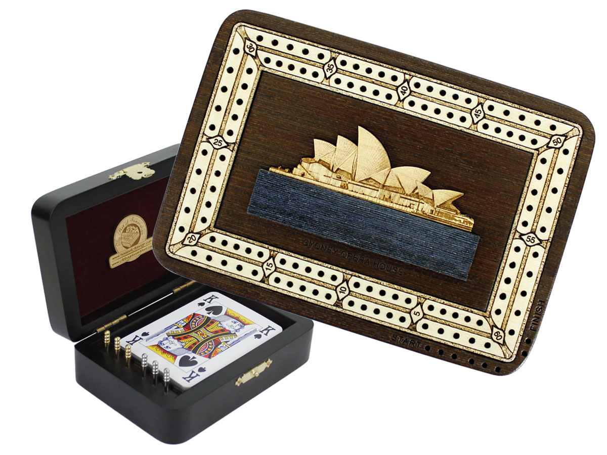 Sydney Opera House Wood Carved Inlaid Folding Cribbage Board / Box Wenge Wood / Maple - 2 Tracks