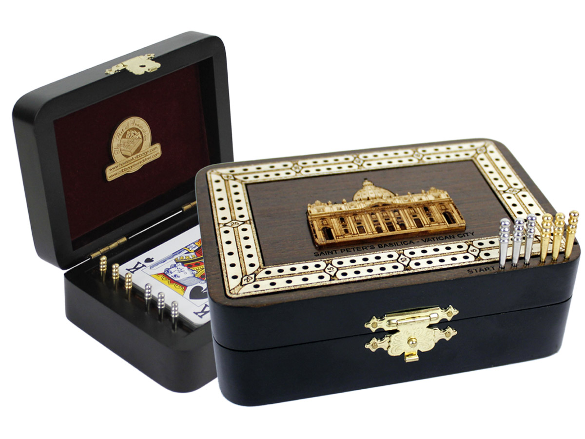 Saint Peters Basilica Wood Carved Inlaid Folding Cribbage Board / Box Wenge Wood / Maple - 2 Tracks