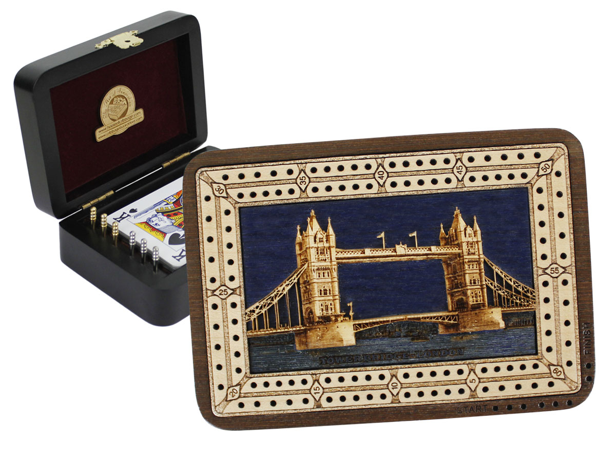 Tower Bridge Front Wood Carved Inlaid Folding Cribbage Board / Box Wenge Wood / Maple - 2 Tracks